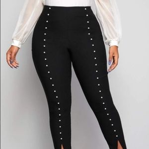 SHEIN Black High-Waisted Pants with Pearl Detail